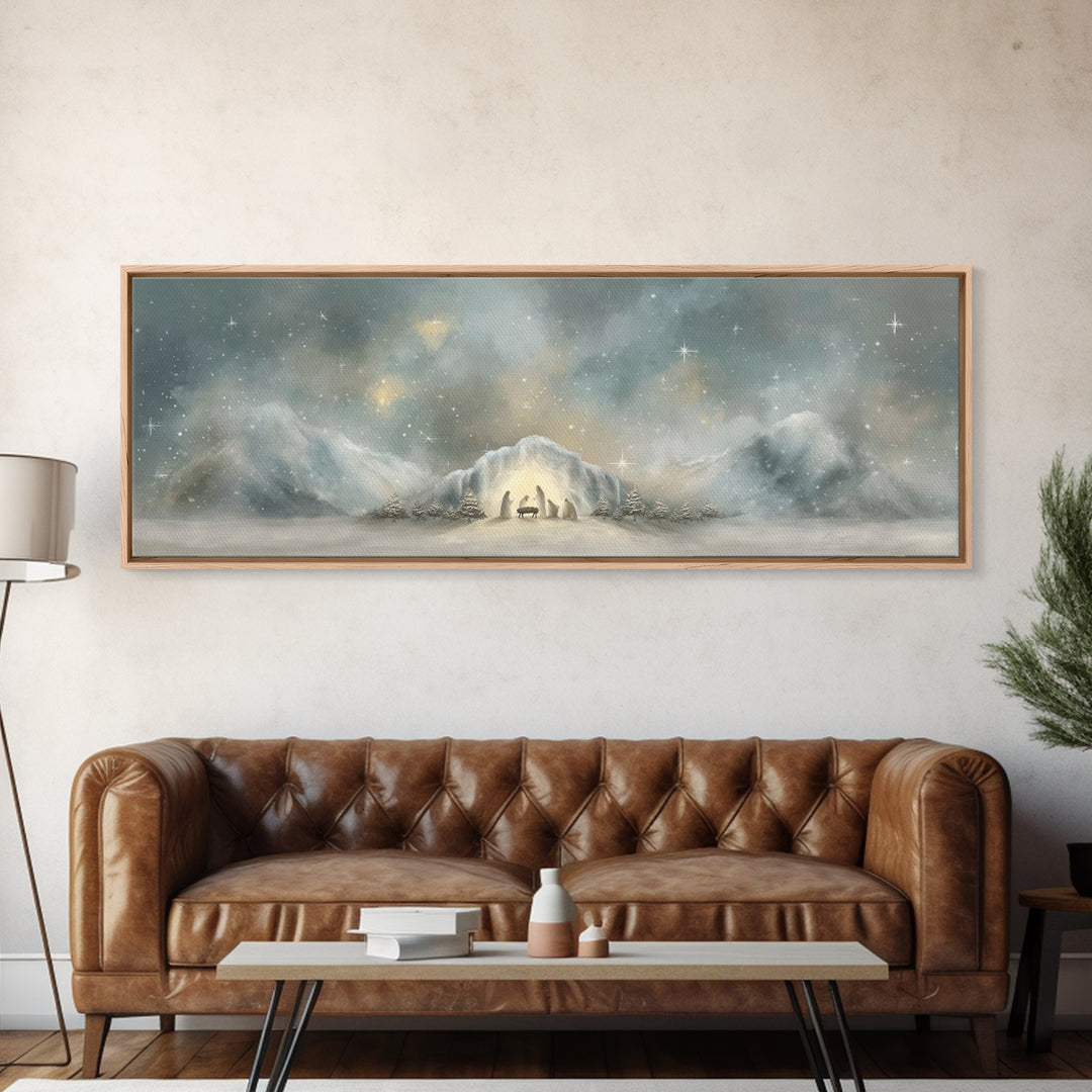 Starry Mountain Birth – Framed Canvas Print – Christian Christmas Art – Christian Art Canvas – Jesus Painting – Panoramic Frame – Christian