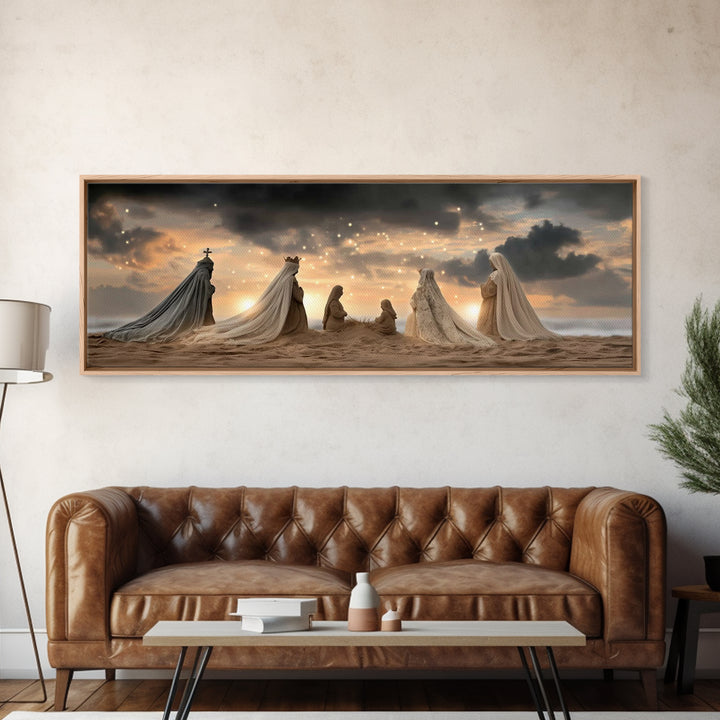 Sandy Nativity Horizon – Framed Canvas Print – Christian Christmas Art – Christian Art Canvas – Jesus Wall Art – Panoramic Art – Christian