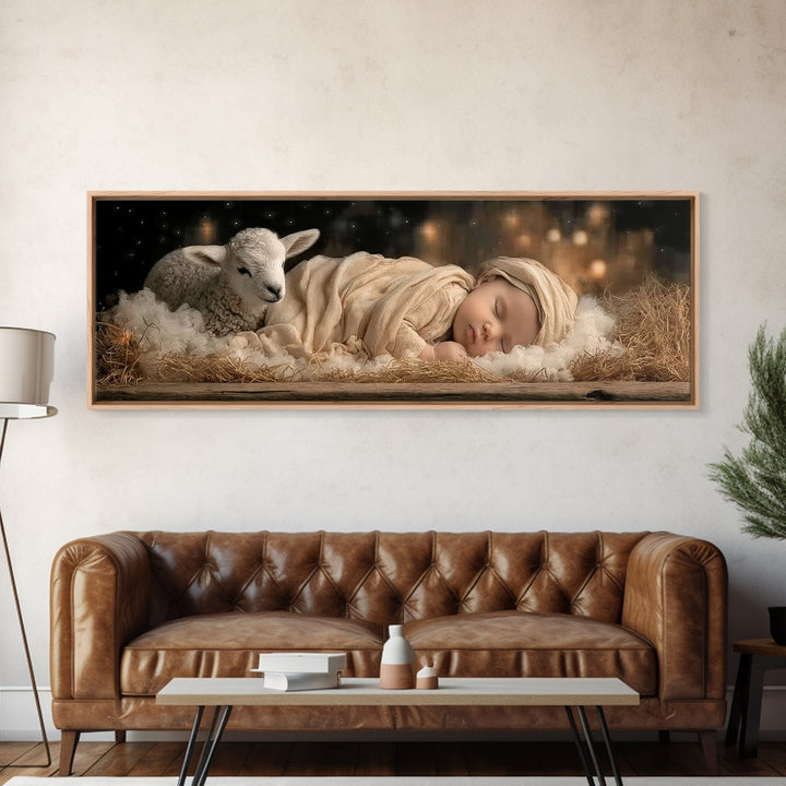 Gentle Manger Peace | Framed Canvas Print | Christian Art Canvas | Christmas Wall Art | Panoramic Art | Christian Christmas Art | Christian