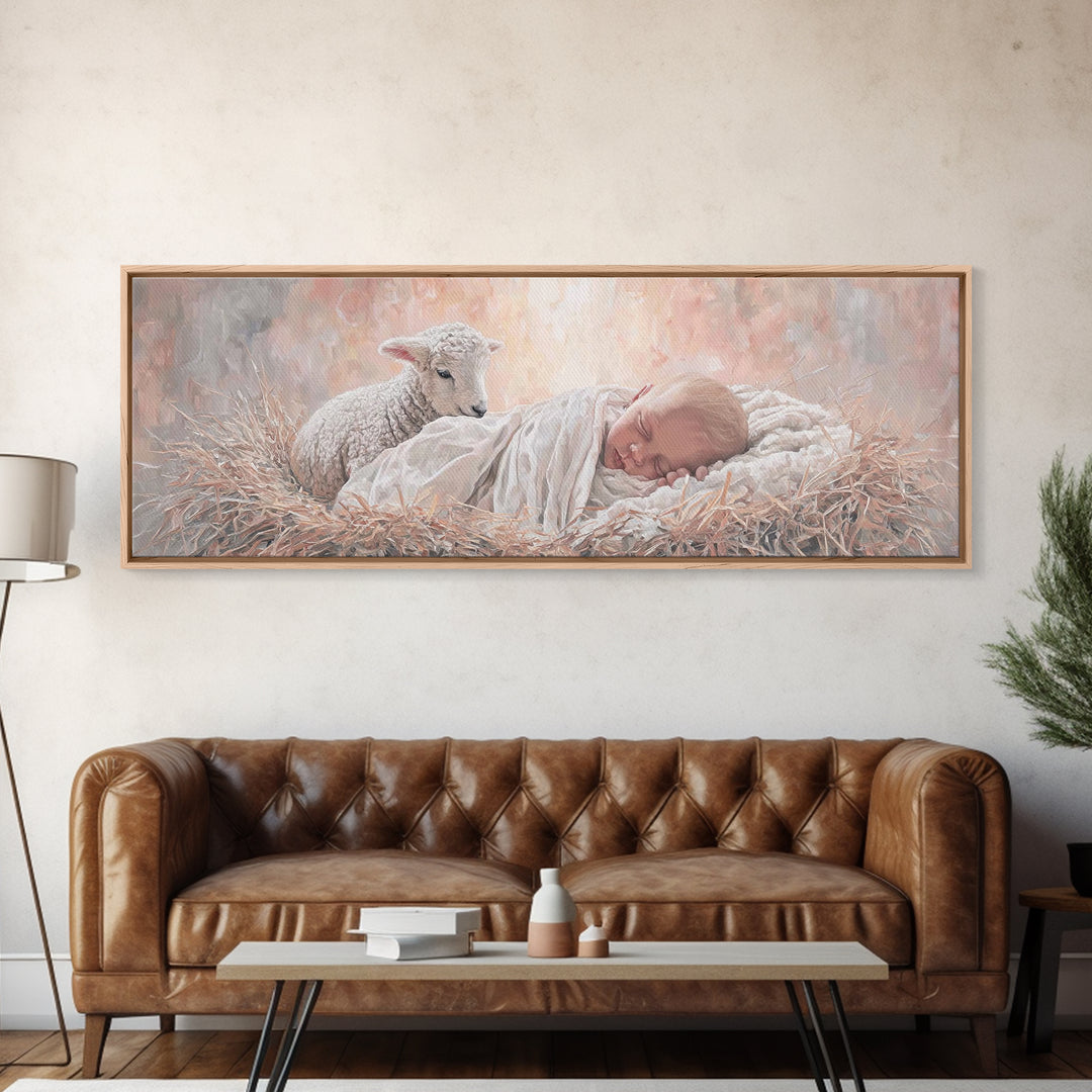 Lamb Of Dawn – Framed Canvas Print – Christmas Art Prints – Panoramic Wall Art – Christian Art Canvas – Christian Christmas Decor – Jesus P