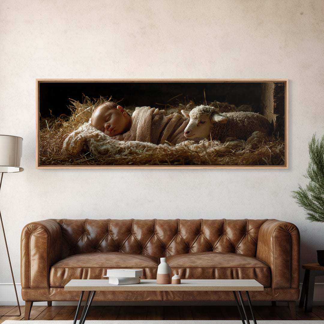 Quiet Manger Glow, Framed Canvas Print, Christian Wall Art, Panoramic Frame, Christian Art Canvas, Christian Christmas Art, Jesus Christmas