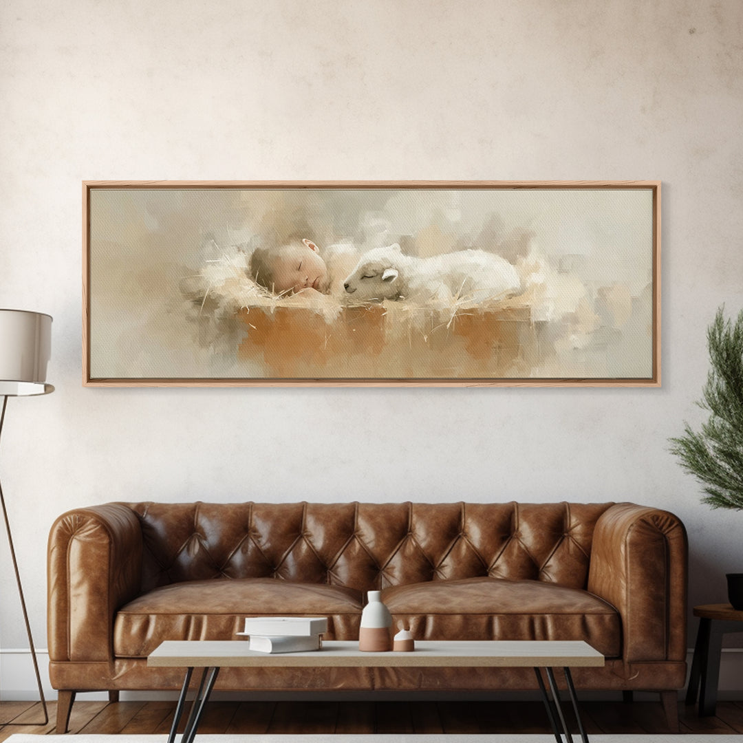 Innocent Manger Dream | Framed Canvas Print | Christian Art Canvas | Panoramic Art | Christmas Art Prints | Christian Wall Art | Christian
