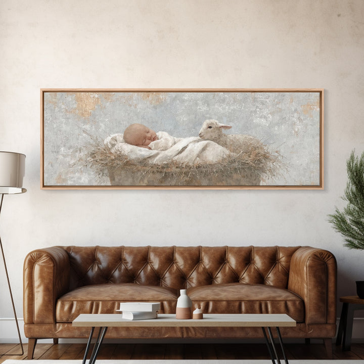 Tiny Manger Grace – Framed Canvas Print – Christmas Wall Art – Christian Art Canvas – Panoramic Painting – Jesus Christmas Art – Christian