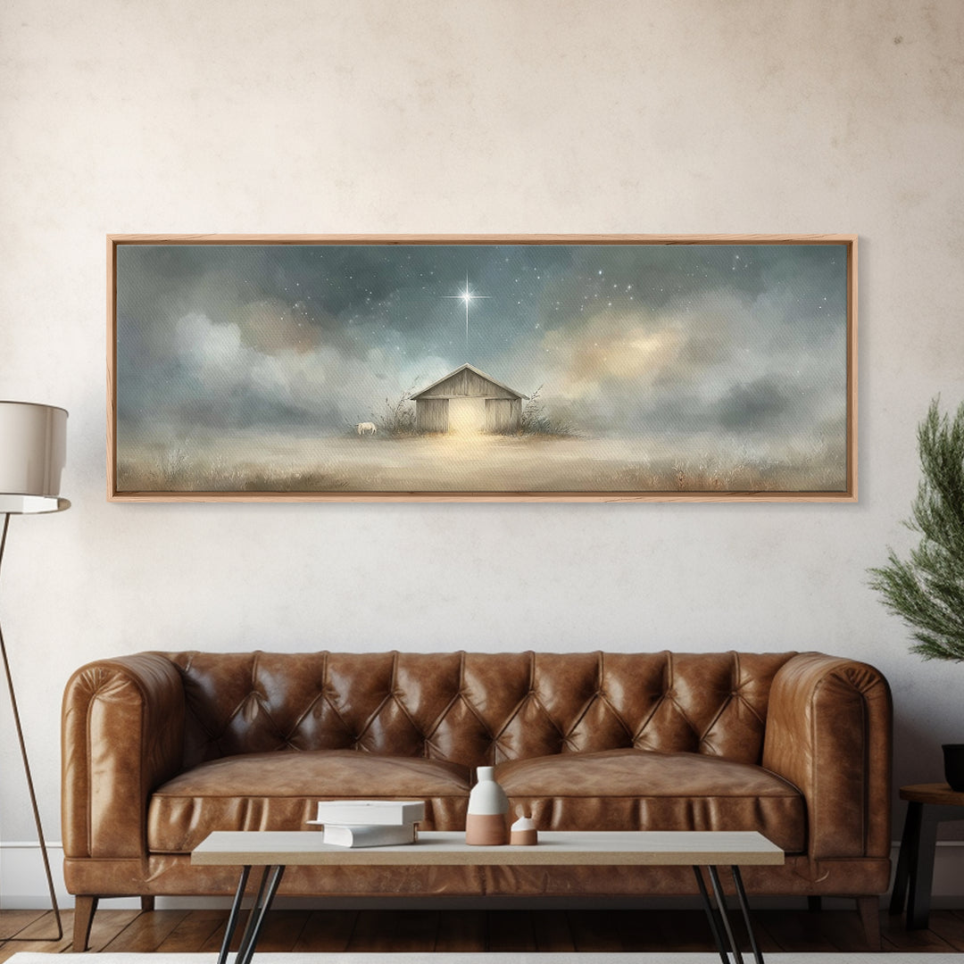 Starry Night Manger | Framed Canvas Print | Christian Wall Art | Panoramic Painting | Christmas Wall Art | Jesus Painting