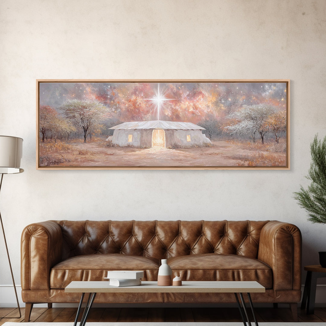Bethlehem Dawn Glow, Framed Canvas Print, Christian Art, Panoramic Print, Christmas Art, Christian Wall Art, Jesus Painting