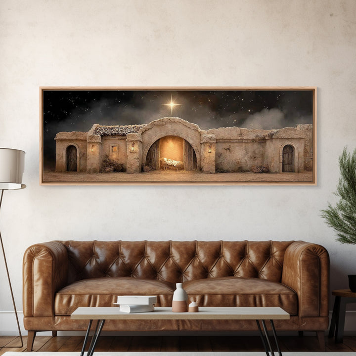 Radiant Stable Peace – Framed Canvas Print – Christian Wall Art – Panoramic Frame – Christmas Art – Christian Art Canvas – Jesus Painting