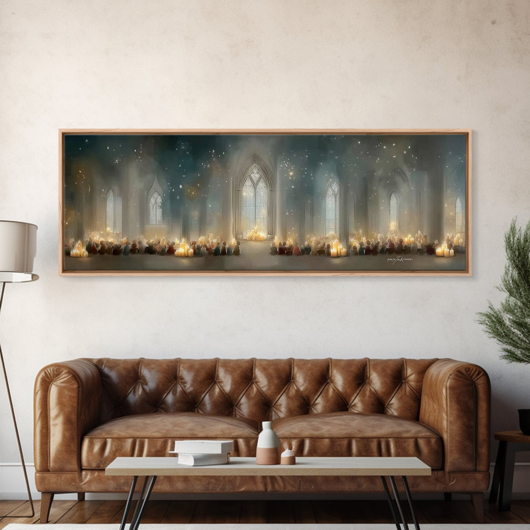 Candlelit Devotion | Framed Canvas Print | Christian Art | Christian Christmas Art | Panoramic Print | Christian Art Canvas | Christmas Wal