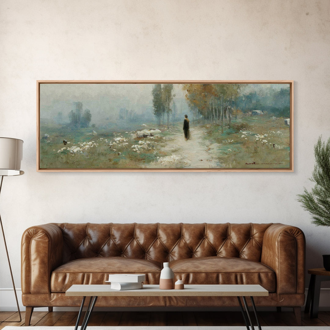 Misty Valley Walk, Framed Canvas Print, Christian Art Canvas, Panoramic Wall Art, Christian Art, Jesus Painting, Christmas Art