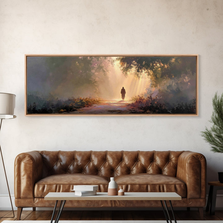 Radiant Woodland Path | Framed Canvas Print | Panoramic Art | Jesus Painting | Christian Art Canvas | Moody Christian Art | Christian Wall