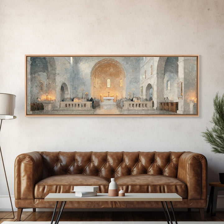 Starry Chapel Gathering, Framed Canvas Print, Panoramic Art, Christian Wall Art, Christian Art Canvas, Christmas Art Prints, Christian Chri