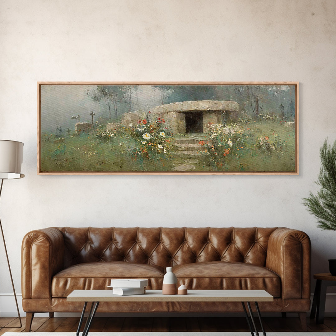 Hope Beyond The Stone – Framed Canvas Print – Panoramic Painting – Christian Art Canvas – Christian Wall Art – Resurrection Art – Christian