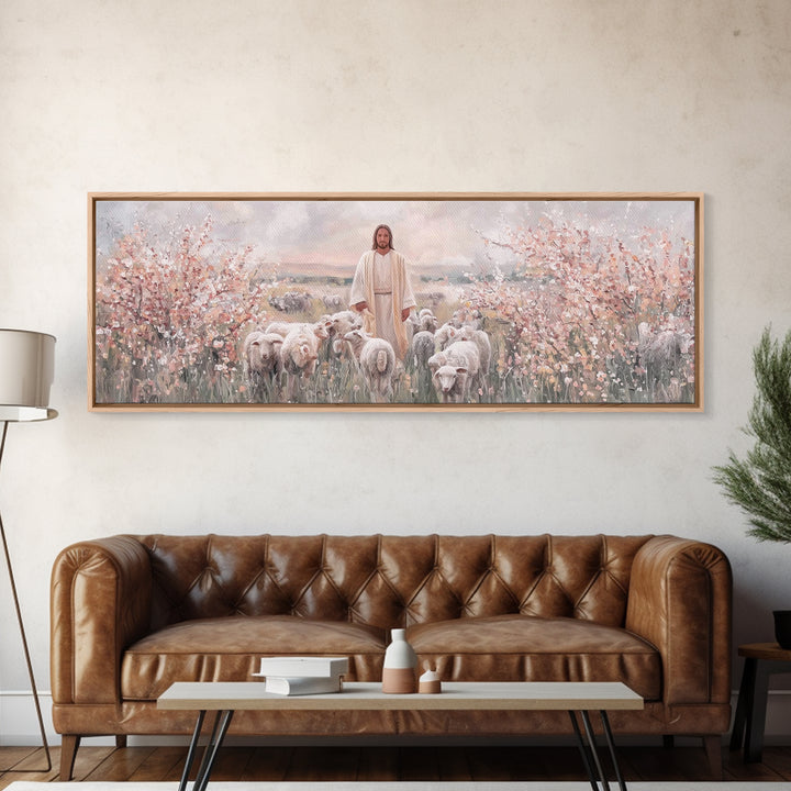 Shepherd Of Blossoms | Framed Canvas Print | Panoramic Art | Jesus Painting | Christian Art Canvas | Christian Christmas Art | Christian Wa