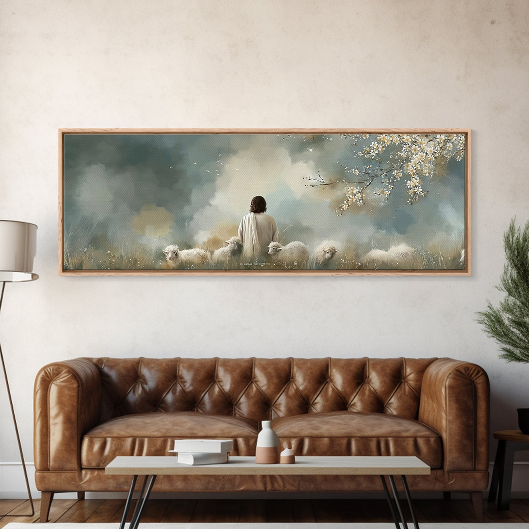 Peaceful Pasture Light – Framed Canvas Print – Panoramic Painting – Christian Art Canvas – Christian Wall Art – Jesus Painting – Christian