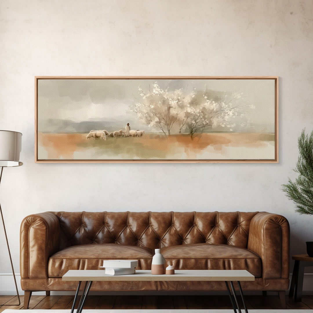 Meadow Of Promise, Framed Canvas Print, Panoramic Art, Christian Wall Art, Jesus Painting, Christian Art Canvas, Christian Christmas Art