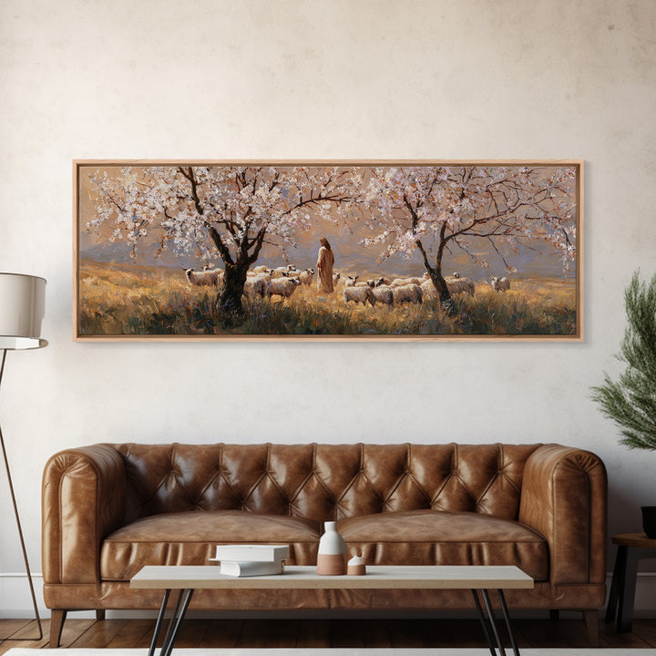 Shepherds In Bloom, Framed Canvas Print, Panoramic Wall Art, Christian Art Canvas, Jesus Painting, Christian Christmas Art, Christian Wall