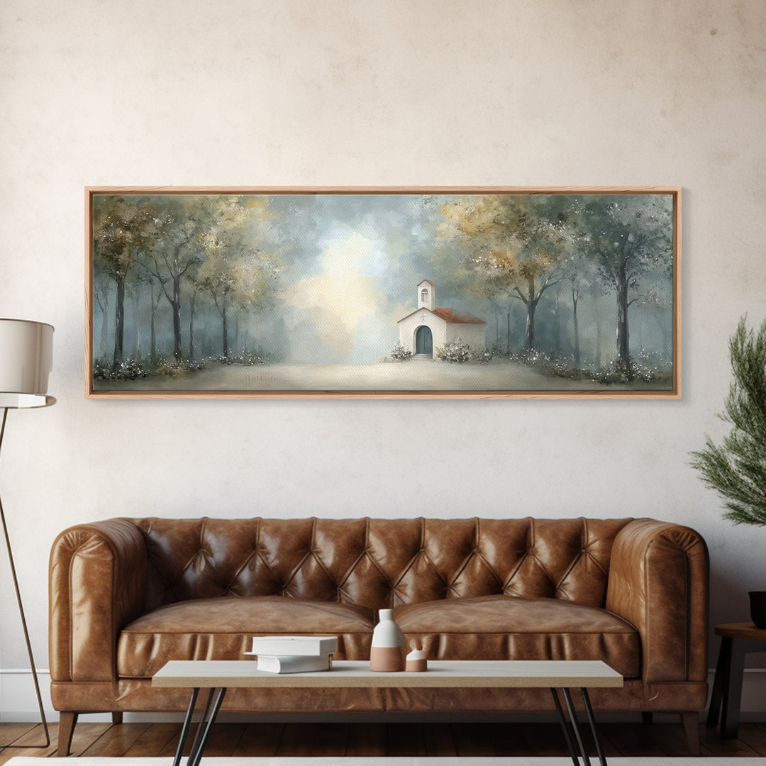 Forest Chapel Peace, Framed Canvas Print, Panoramic Art, Christian Art Canvas, Christian Wall Art, Christian Christmas Art, Christian Paint