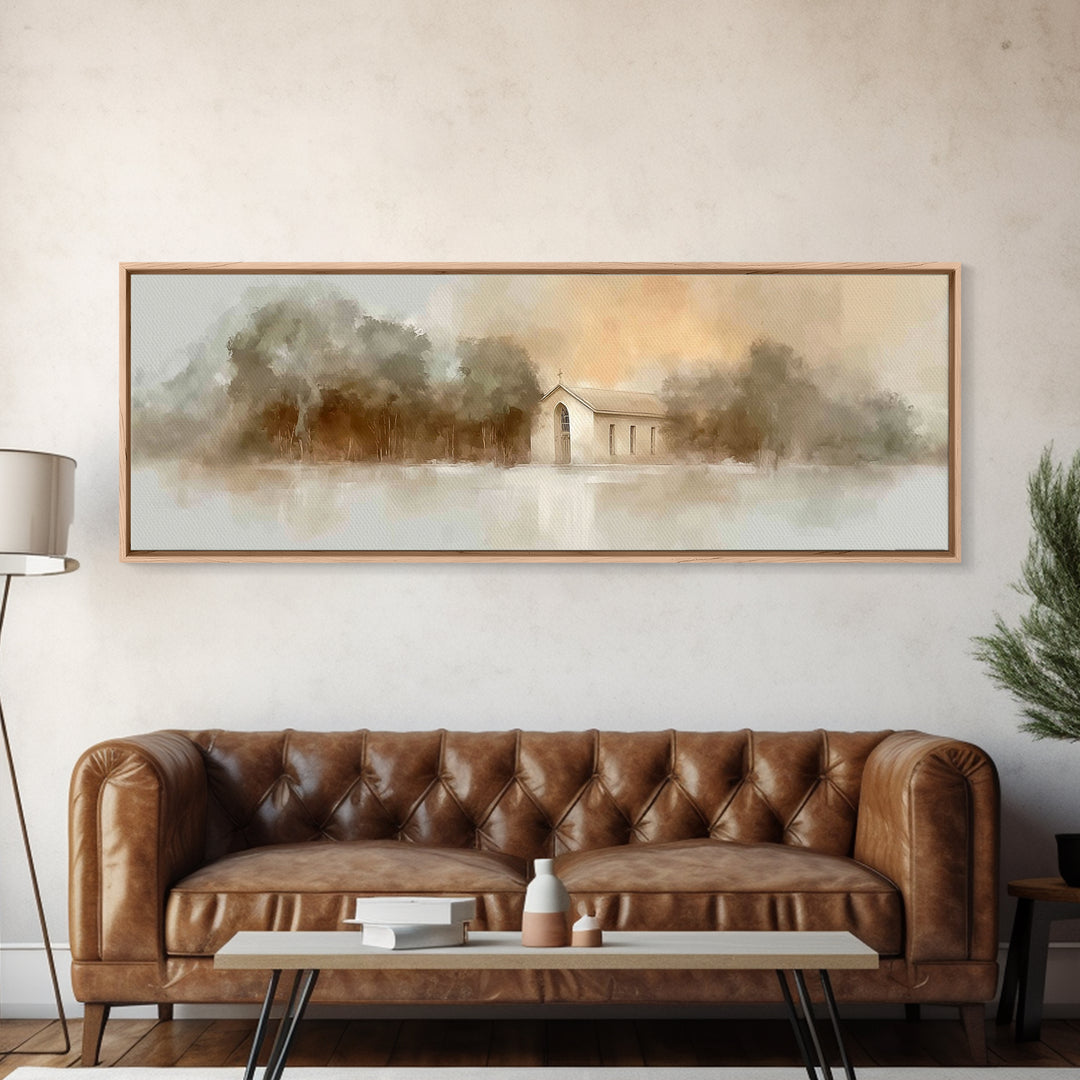 Soft Morning Chapel | Framed Canvas Print | Panoramic Wall Art | Christian Art Canvas | Christian Painting | Christian Christmas Art | Chri