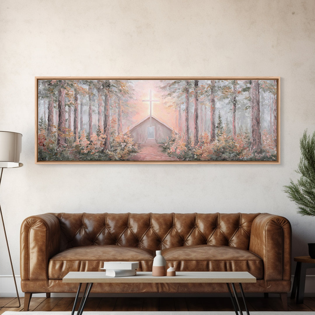 Woodland Cross Glow – Framed Canvas Print – Panoramic Painting – Christian Art Canvas – Christian Wall Art – Christian Christmas Art – Chri