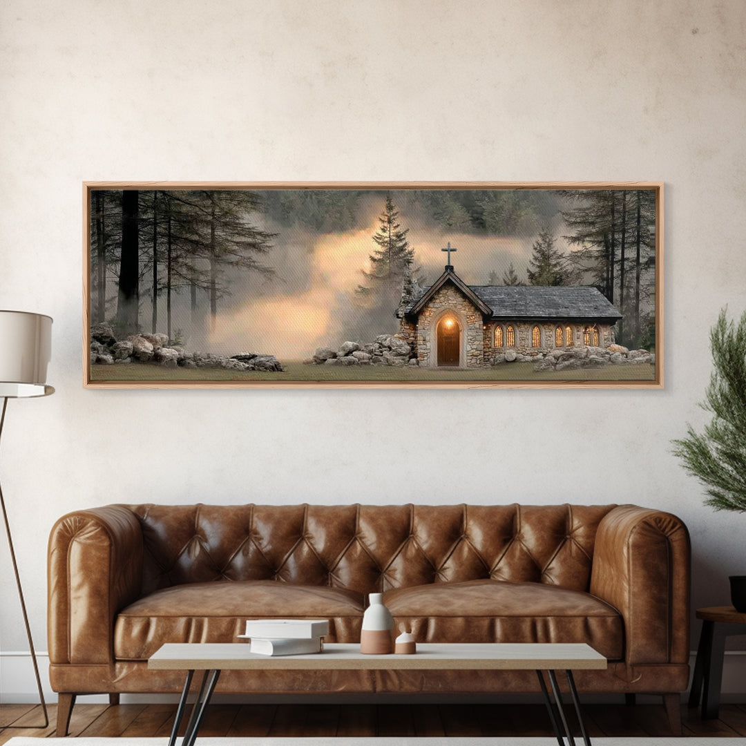 Chapel In The Pines | Framed Canvas Print | Panoramic Frame | Christian Wall Art | Christian Christmas Art | Christian Art Canvas | Christi