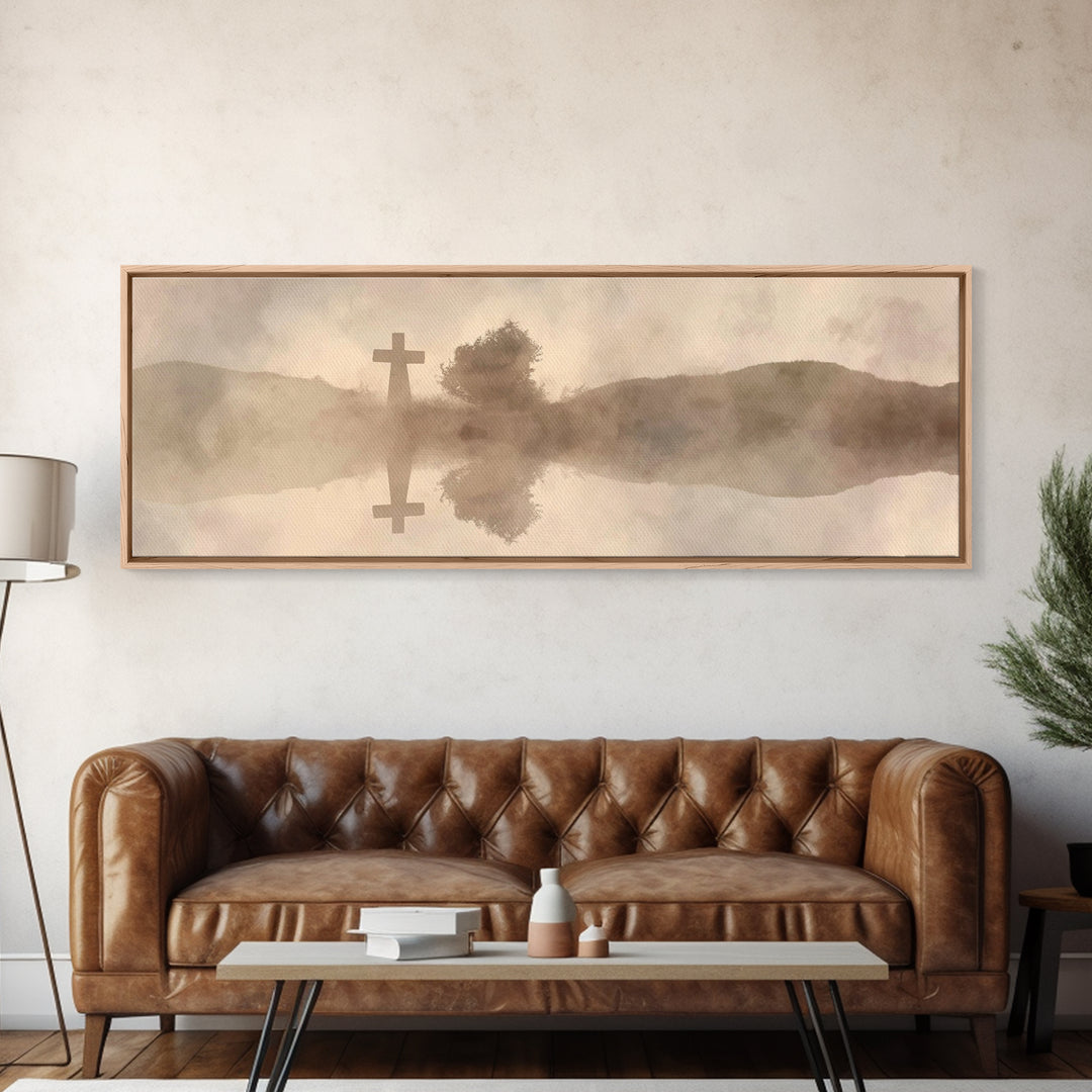 Misty Cross Reflections – Framed Canvas Print – Christian Wall Art – Panoramic Art – Christian Art Canvas – Jesus Painting – Christian Gift