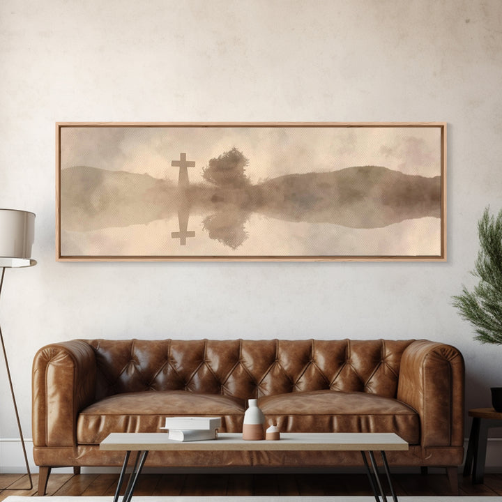 Misty Cross Reflections – Framed Canvas Print – Christian Wall Art – Panoramic Art – Christian Art Canvas – Jesus Painting – Christian Gift