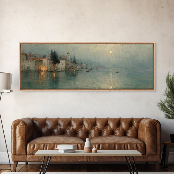 Moonlit Village Hope – Framed Canvas Print – Christian Art Canvas – Panoramic Wall Art – Christian Painting – Christmas Art – Christian Dec