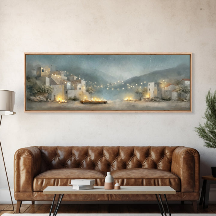 Starlit Village Peace, Framed Canvas Print, Christian Wall Art, Panoramic Art, Christian Christmas Art, Christian Art Print, Christian Deco