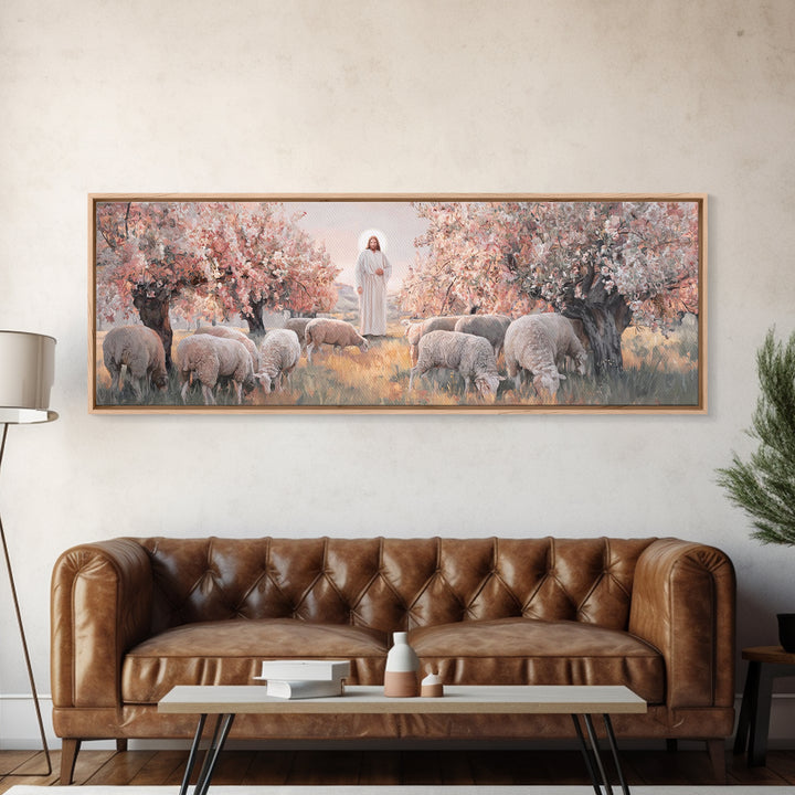 Peaceful Flock Dawn, Framed Canvas Print, Christian Art Print, Panoramic Art, Christmas Art, Christian Wall Art, Jesus Canvas Art