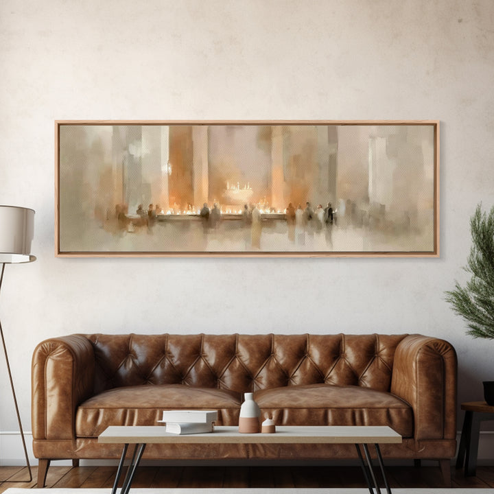 Sacred Candle Gathering | Framed Canvas Print | Christian Wall Art | Christian Christmas Art | Panoramic Wall Art | Christian Art Canvas