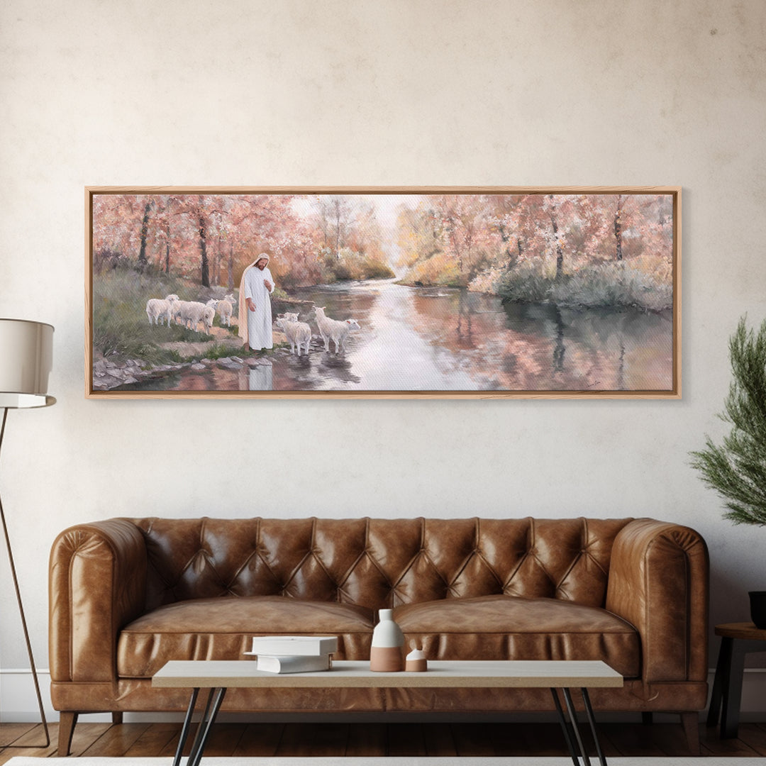 Pastoral Grace Reflections – Framed Canvas Print – Jesus Painting – Panoramic Print – Christian Wall Art – Christian Art Canvas – Christian