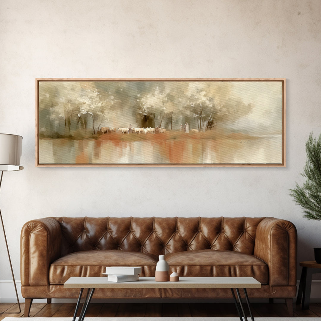 Garden Of The Shepherd, Framed Canvas Print, Jesus Painting, Christian Wall Art, Panoramic Art, Christian Art Canvas, Christian Gift Ideas