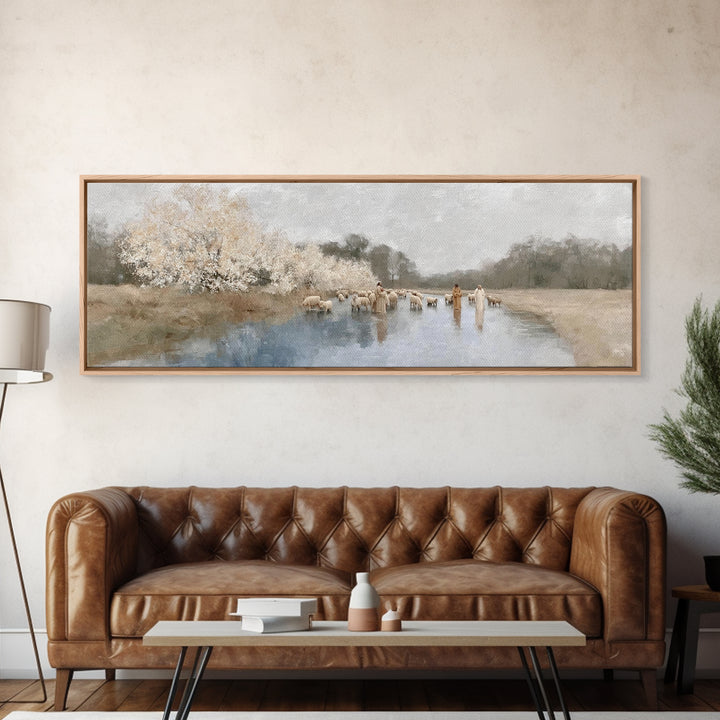 Riverside Shepherd Calm | Framed Canvas Print | Christian Art Canvas | Panoramic Wall Art | Jesus Painting | Christian Gift Ideas | Christi