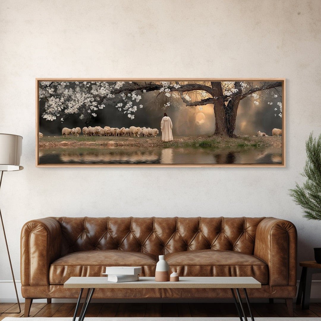 Shepherd’s Quiet Dawn, Framed Canvas Print, Christian Wall Art, Panoramic Print, Jesus Painting, Christian Art Canvas, Christian Gift Ideas