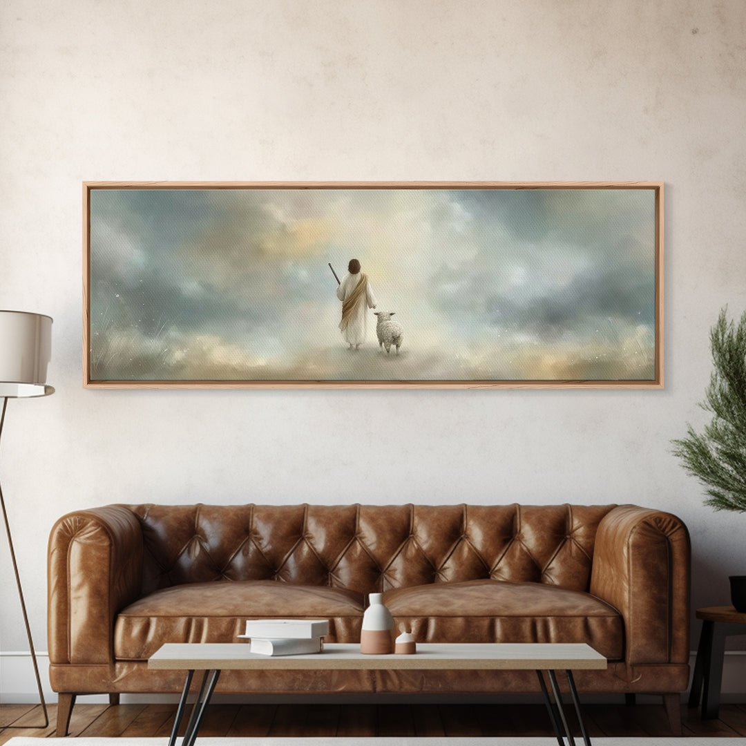 Riverside Flock Peace | Framed Canvas Print | Christian Wall Art | Christian Art Canvas | Extra Wide Art | Jesus Painting | Christian Gift