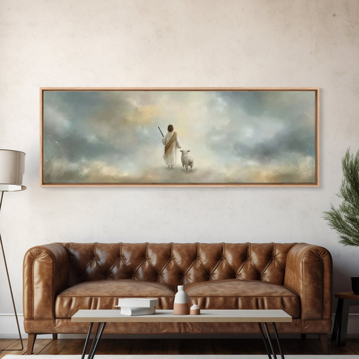 Riverside Flock Peace | Framed Canvas Print | Christian Wall Art | Christian Art Canvas | Extra Wide Art | Jesus Painting | Christian Gift