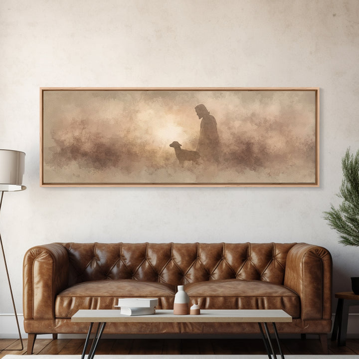 Lamb Of Morning Light, Framed Canvas Print, Christian Art Canvas, Panoramic Art, Jesus Painting, Christian Wall Art, Christian Gift