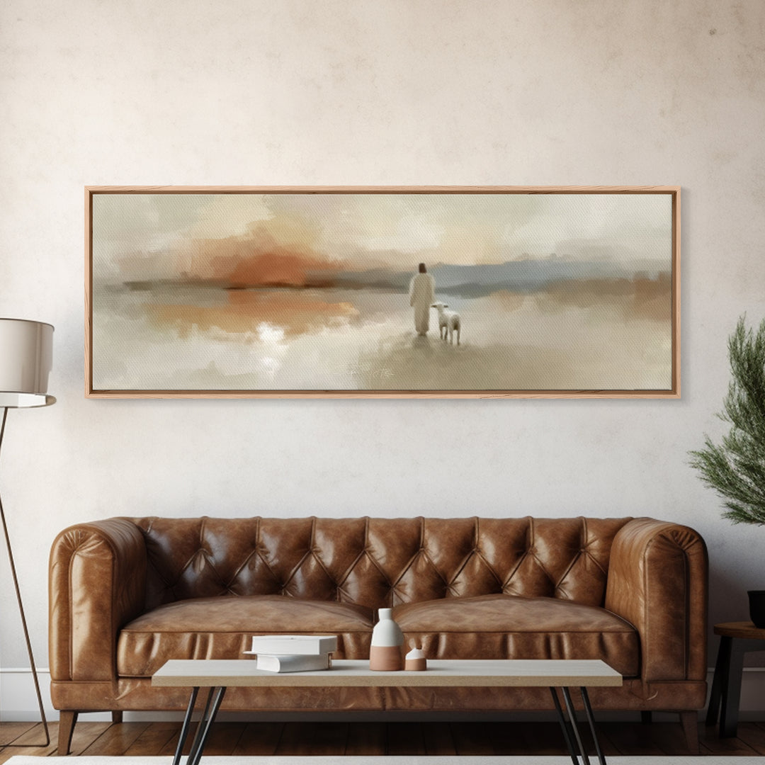 Evening Shepherd Light, Framed Canvas Print, Christian Art Canvas, Jesus Wall Art, Panoramic Painting, Christian Christmas Art, Modern Chri