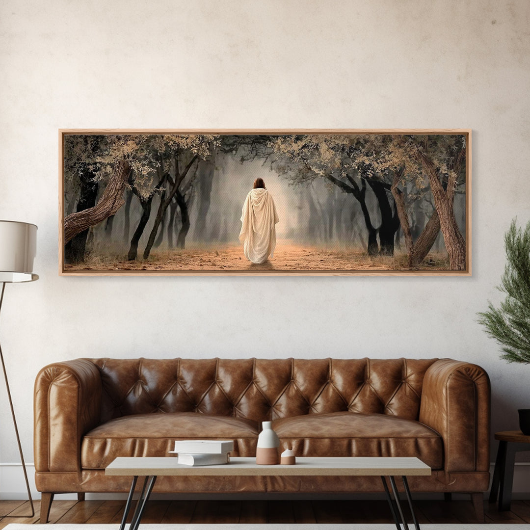 Sacred Woodland Path | Framed Canvas Print | Christian Art Canvas | Jesus Painting | Panoramic Wall Art | Christian Art Work | Christian Ch