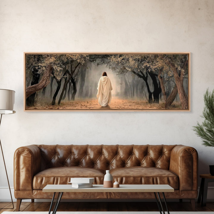 Sacred Woodland Path | Framed Canvas Print | Christian Art Canvas | Jesus Painting | Panoramic Wall Art | Christian Art Work | Christian Ch
