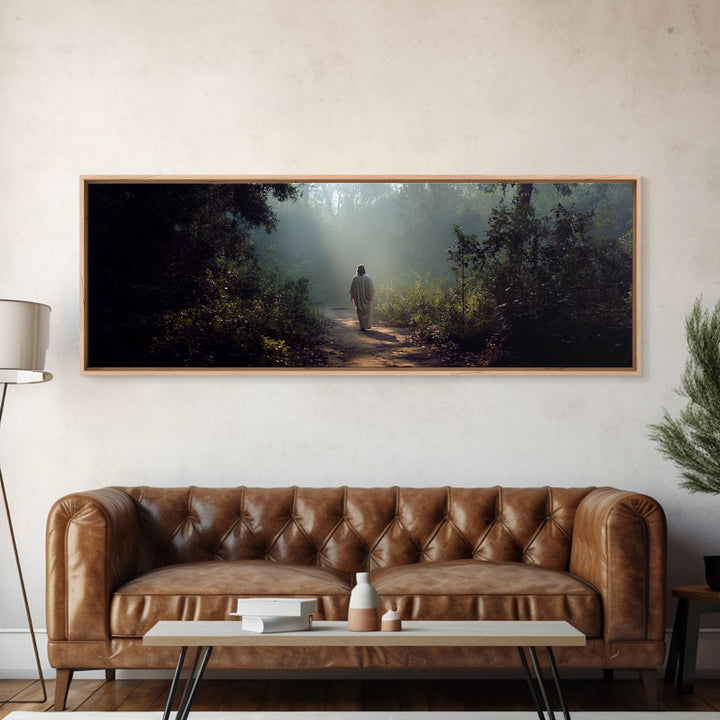 Light Through The Trees, Framed Canvas Print, Christian Wall Art, Jesus Painting, Panoramic Print, Christian Art Canvas, Large Christian Pa