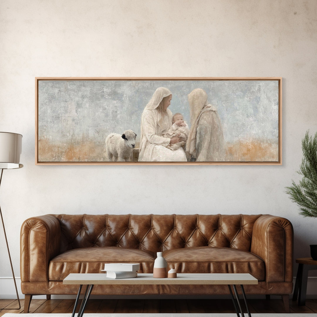 Winter Nativity | Framed Canvas Print | Christian Christmas Art | Christian Wall Art | Panoramic Painting | Christian Decor | Christian Gif