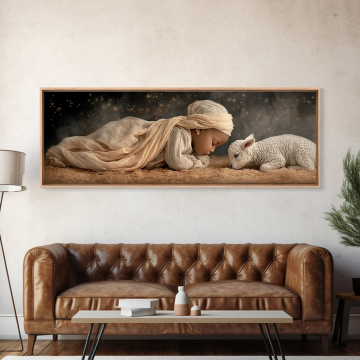 Peaceful Manger – Framed Canvas Print – Christian Christmas Art – Christian Wall Art – Panoramic Frame – Christian Art Canvas – Christmas D