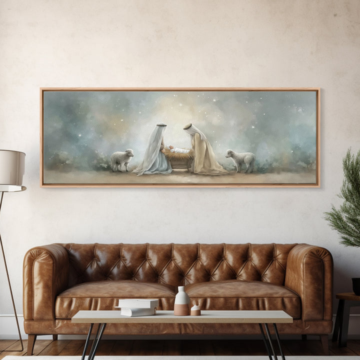 Humble Light – Framed Canvas Print – Christian Wall Art – Christmas Art – Panoramic Painting – Christian Decor – Christmas Canvas Wall Art