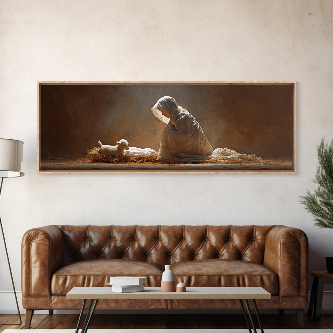 Manger Blessing | Framed Canvas Print | Christian Wall Art | Christmas Art | Panoramic Wall Art | Christian Art Canvas | Christian Christma