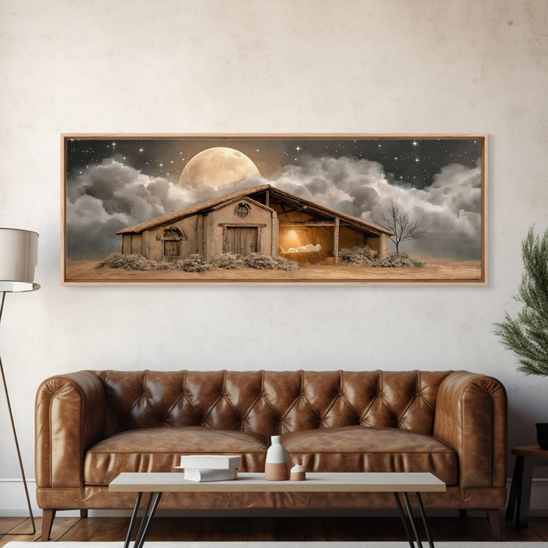 Starry Night Shelter, Framed Canvas Print, Panoramic Wall Art, Christian Christmas Art, Christmas Art Prints, Christian Wall Art, Christian