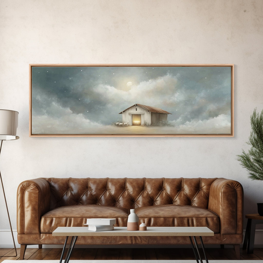 Midnight Stable Peace | Framed Canvas Print | Panoramic Painting | Christian Art Canvas | Christmas Wall Art | Christian Christmas Decor |