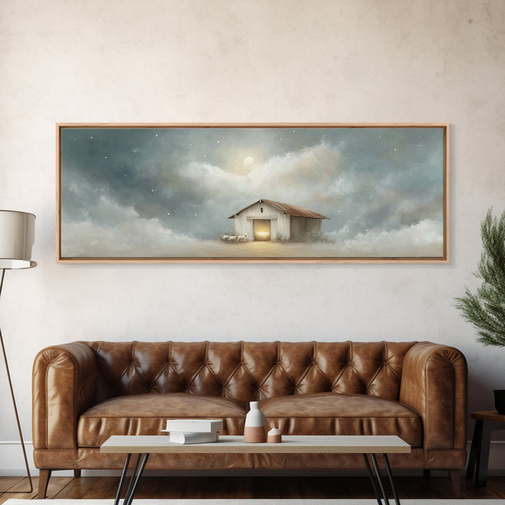 Midnight Stable Peace | Framed Canvas Print | Panoramic Painting | Christian Art Canvas | Christmas Wall Art | Christian Christmas Decor |