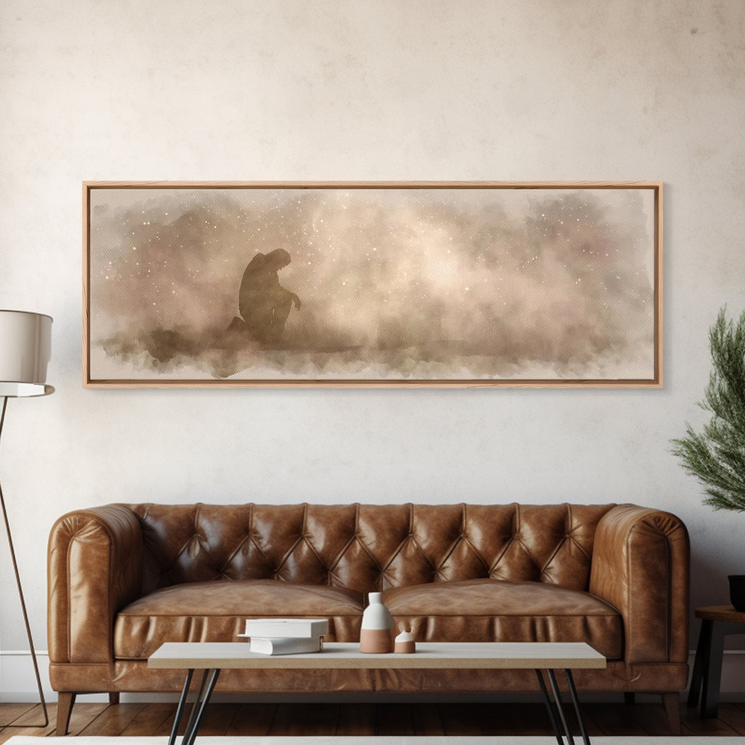 Kneeling Light | Framed Canvas Print | Panoramic Frame | Christian Art Canvas | Jesus Painting | Christian Wall Art | Christian Christmas A