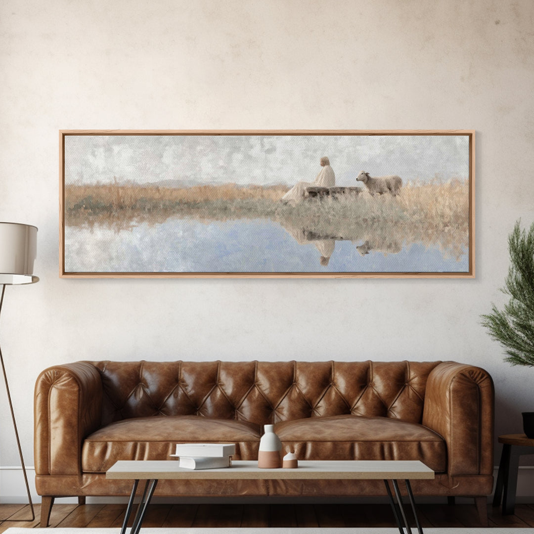 Quiet Shepherd Light - Framed Canvas Print - Panoramic Art - Christian Wall Art - Jesus Painting - Christian Art Canvas - Christmas Art