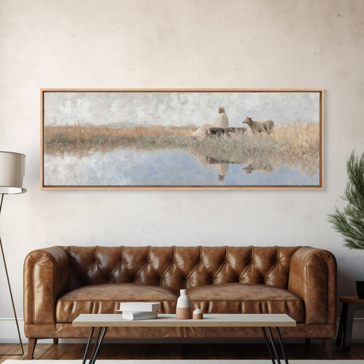Quiet Shepherd Light - Framed Canvas Print - Panoramic Art - Christian Wall Art - Jesus Painting - Christian Art Canvas - Christmas Art